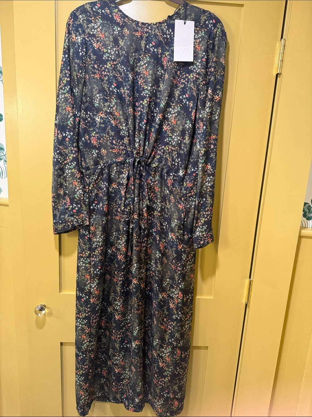 Zara Black Floral Maxi Dress with Green and Coral Accents